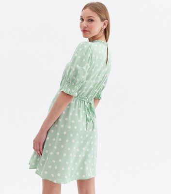 Green Spot Frill High Neck Puff Sleeve Mini Dress New Look