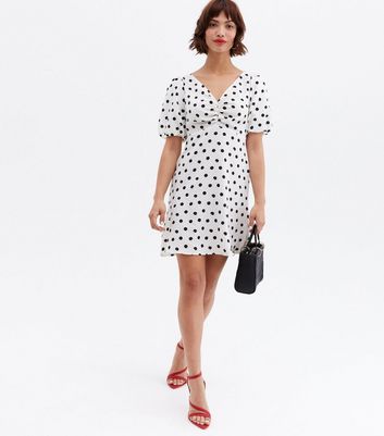 White Spot Ruched Puff Sleeve Mini Dress New Look