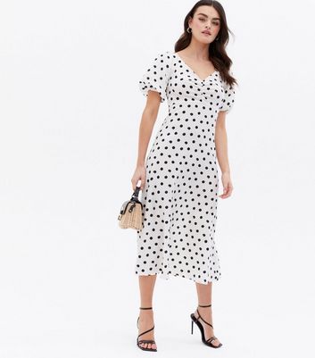 White Ruched Tie Back Puff Sleeve Midi Dress New Look