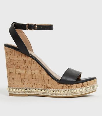 Black Studded Cork Wedge Heel Sandals 
