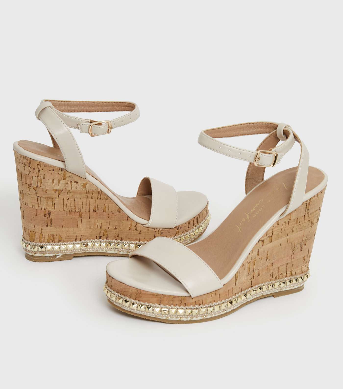 Off White Studded Faux Cork Wedge Heel Sandals Image 3