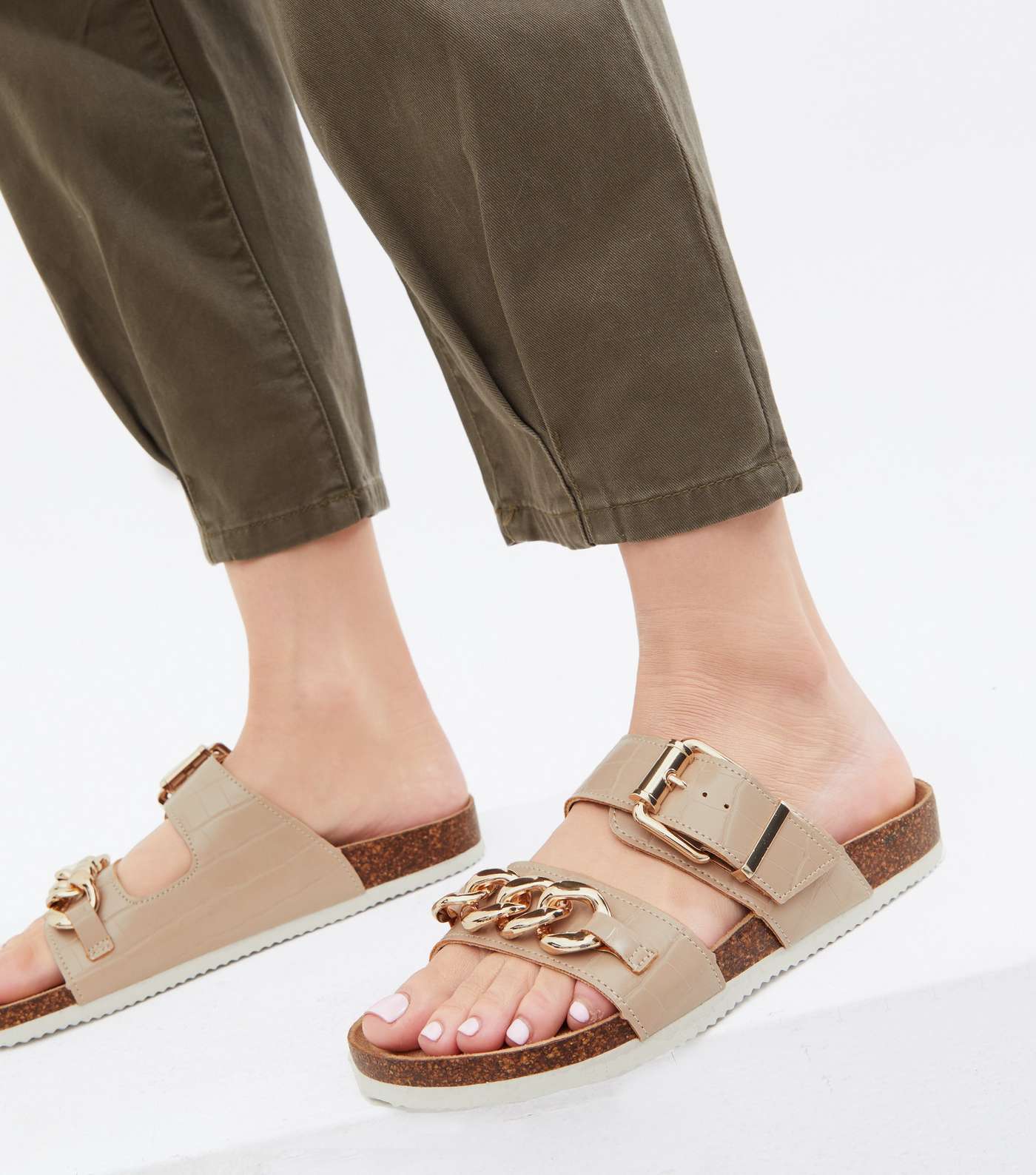 Pale Pink Faux Croc Chain Footbed Sliders Image 2