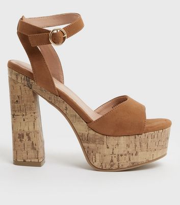 Tan Suedette Cork Platform Block Heel 