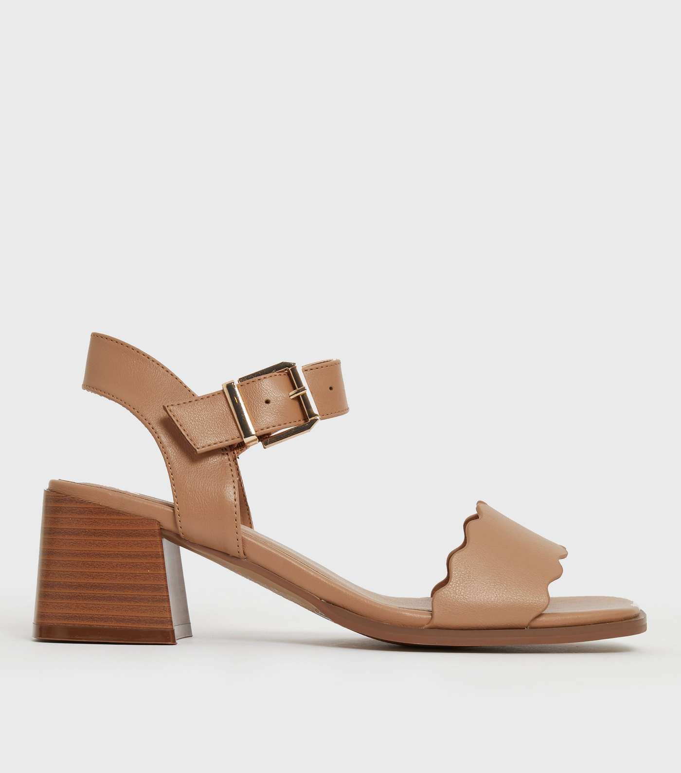 Tan Leather-Look Scalloped 2 Part Block Heel Sandals