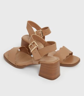 shop for Tan Leather-Look Scalloped 2 Part Block Heel Sandals New Look Vegan at Shopo