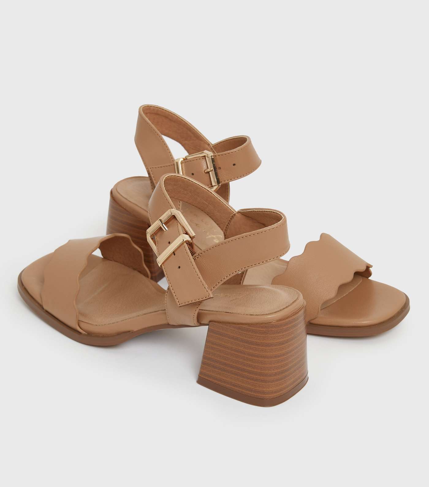 Tan Leather-Look Scalloped 2 Part Block Heel Sandals Image 3