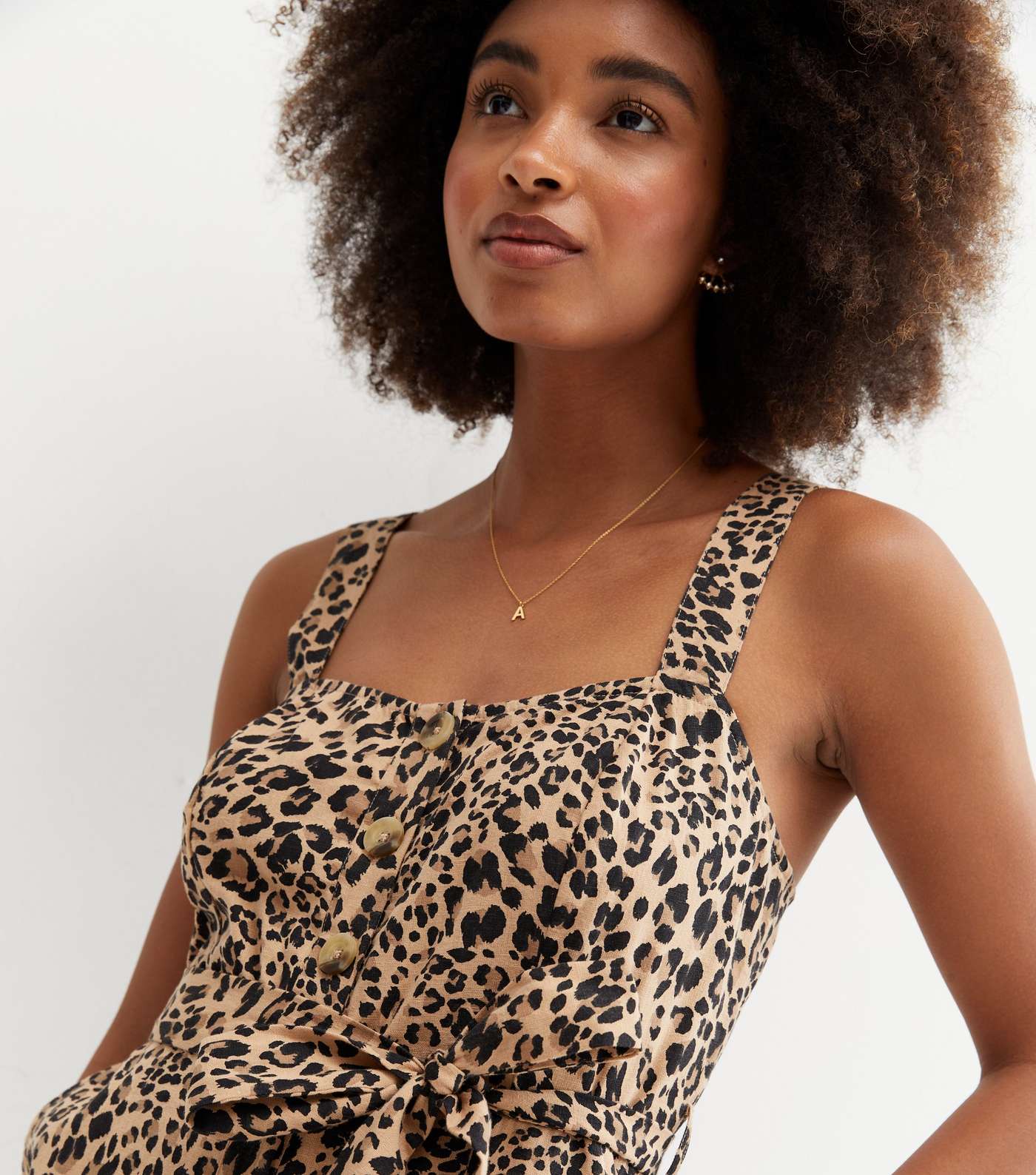 Brown Leopard Print Linen-Look Crop Jumpsuit Image 3
