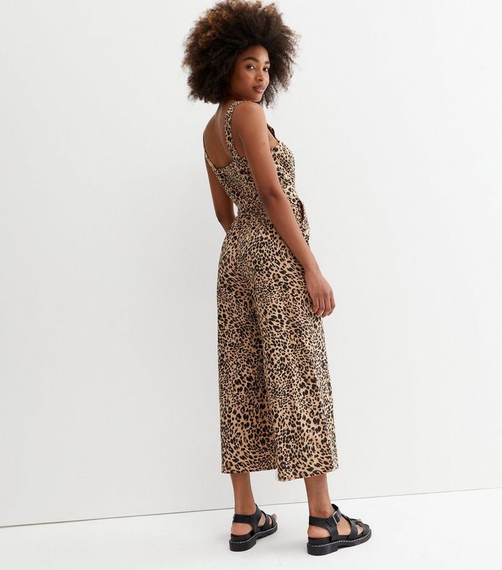 Brown Leopard Print Linen-Look Crop Jumpsuit | New Look