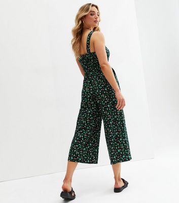 black ditsy floral crop wide leg dungaree jumpsuit