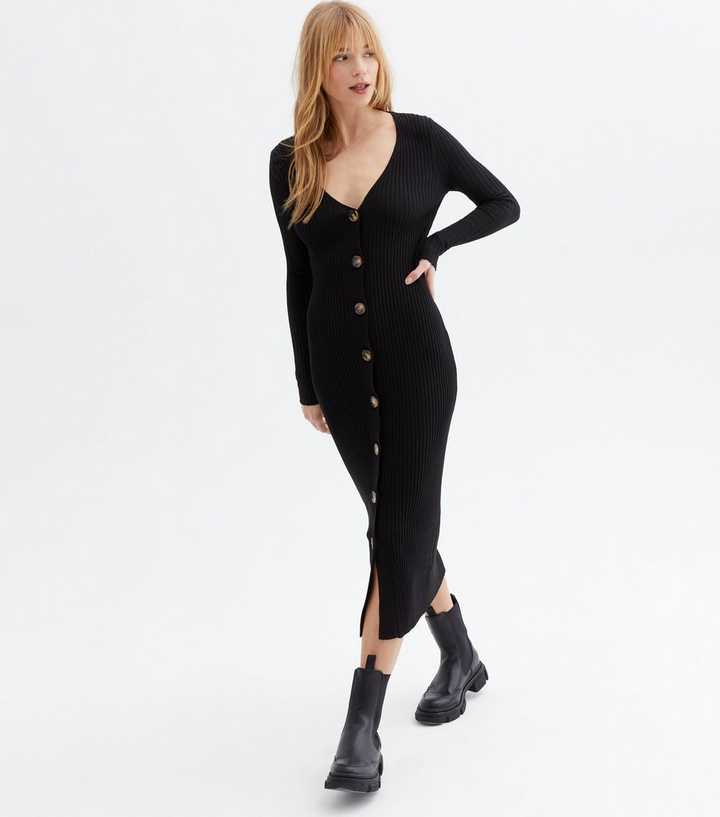 Cameo Rose Black Knit Button Midi Dress