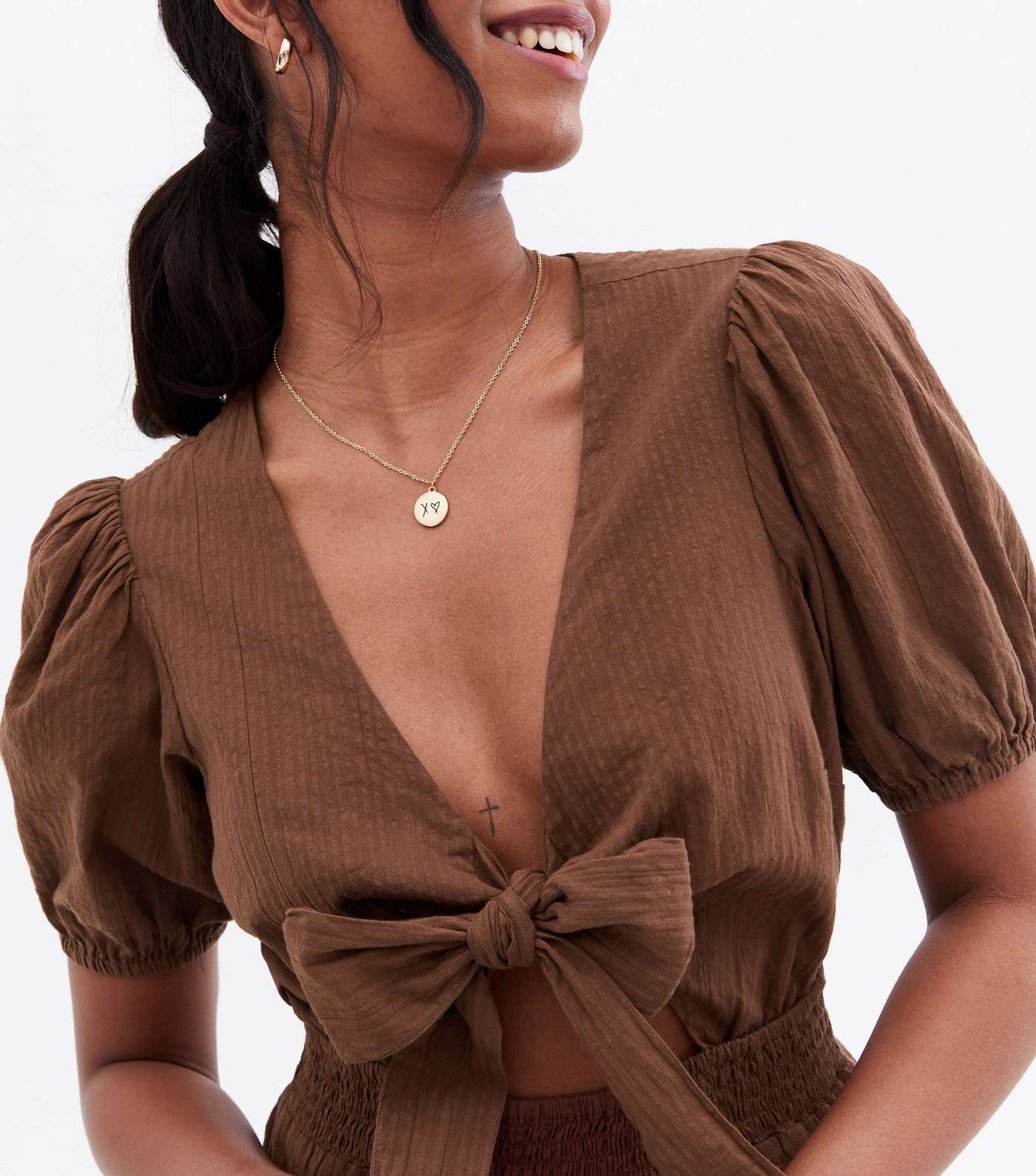 Dark Brown Frill Tie Front Playsuit Image 3
