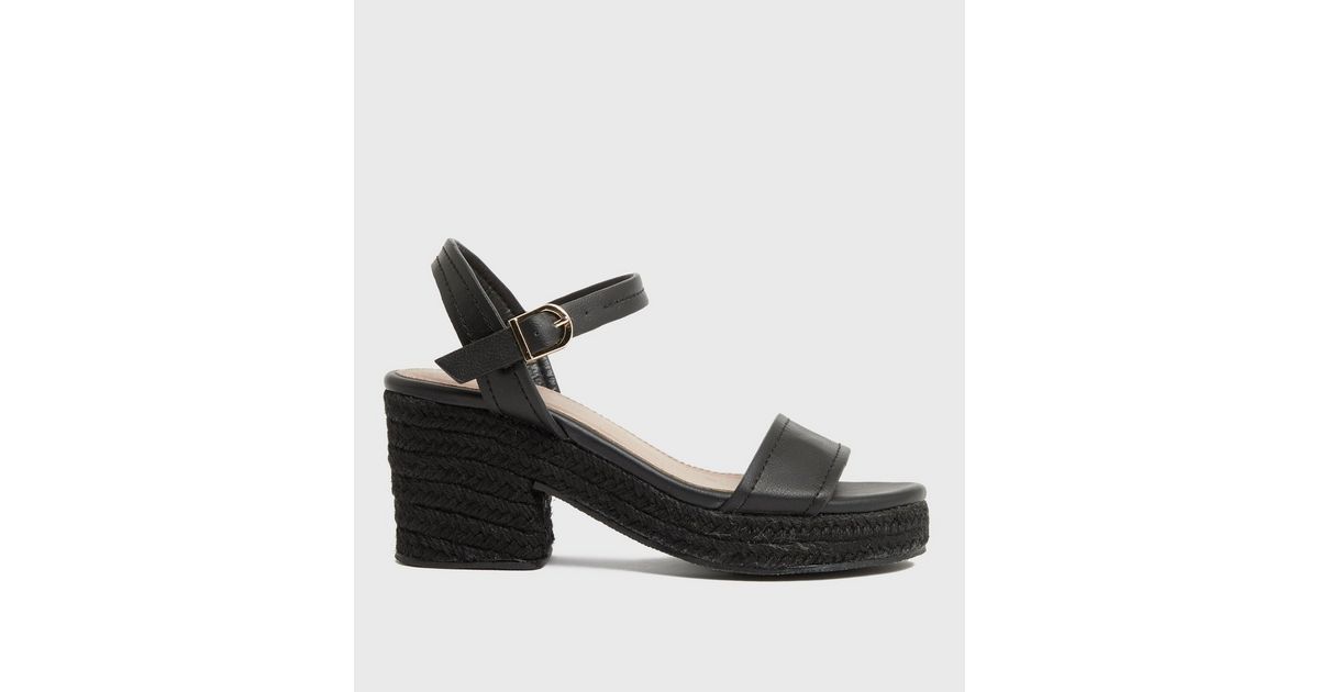 Wide Fit Black Espadrille Block Heel Platform Sandals New Look