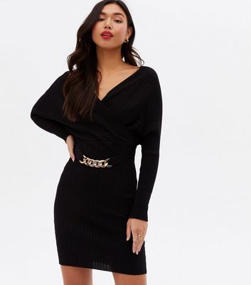 Cameo Rose Black Knit Chain Mini Wrap Dress New Look