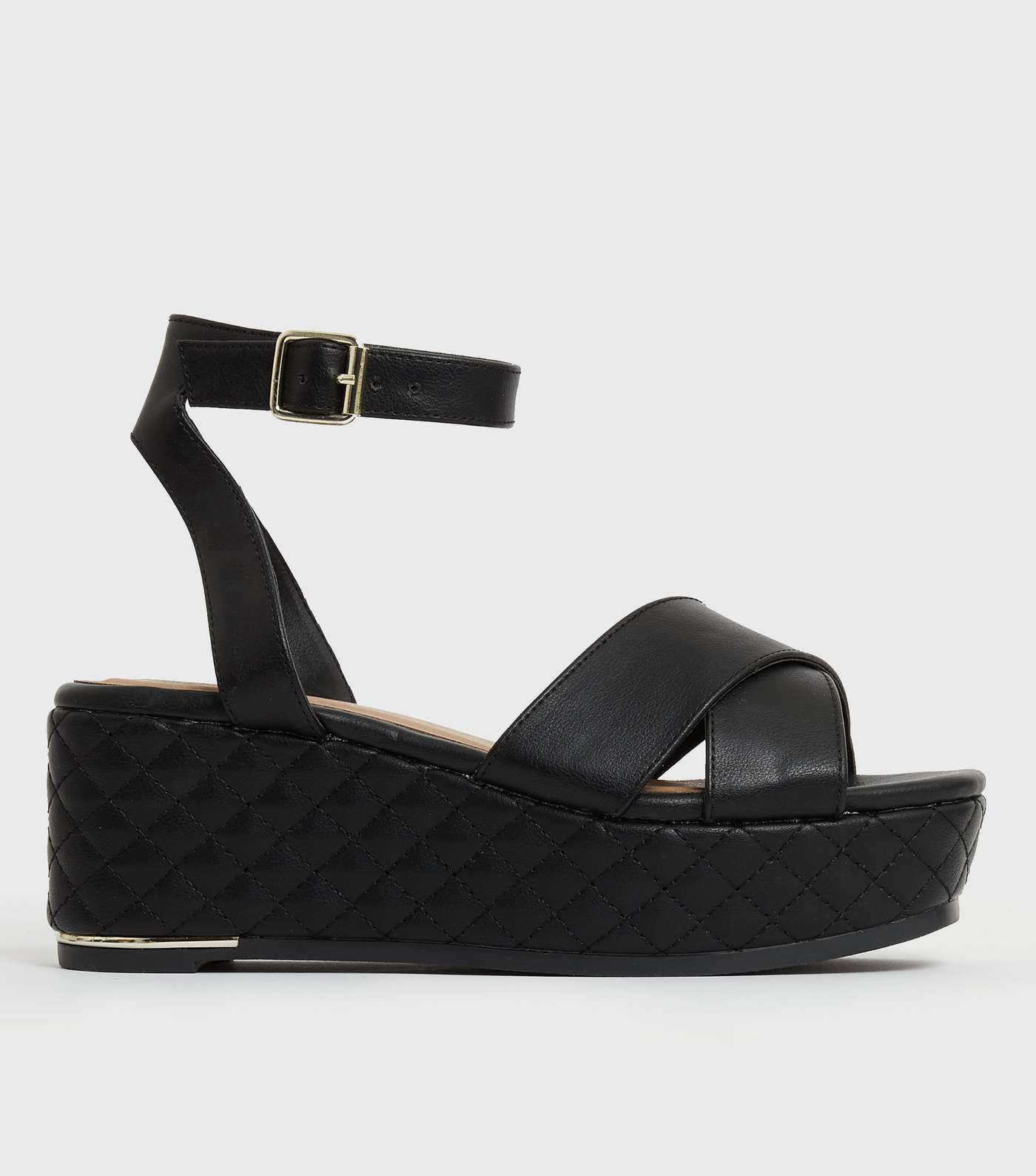 Black Quilted Leather-Look Flatform Sandals