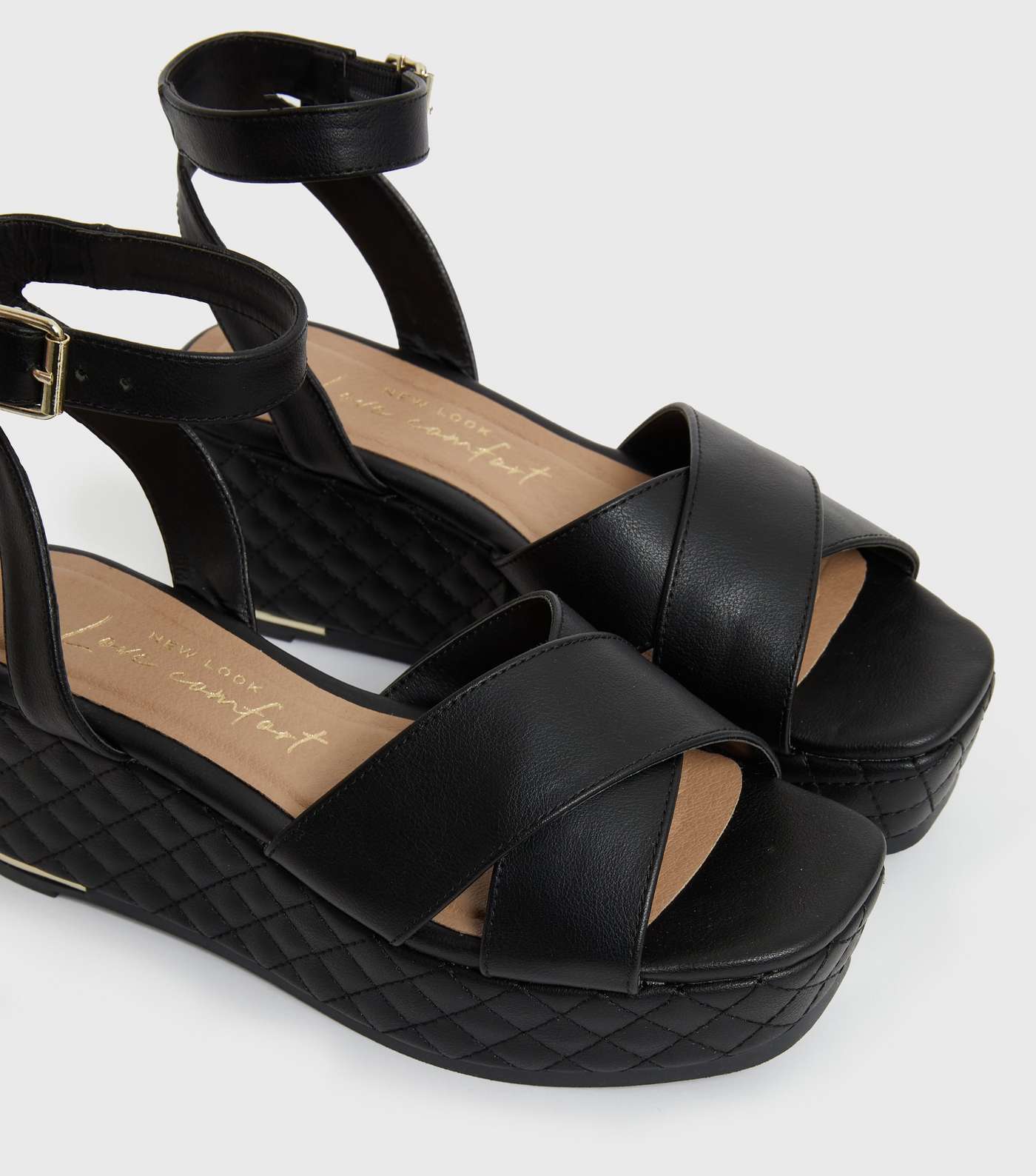Black Quilted Leather-Look Flatform Sandals Image 3