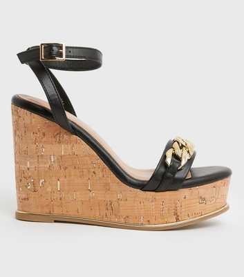 Black Chain Strap Wedge Heel Sandals