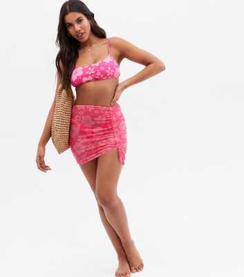 Pink Tropical Floral Mesh Ruched Mini Beach Skirt