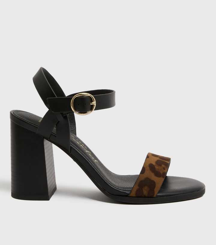 Wide Fit Black Leopard Print Block Heel Sandals