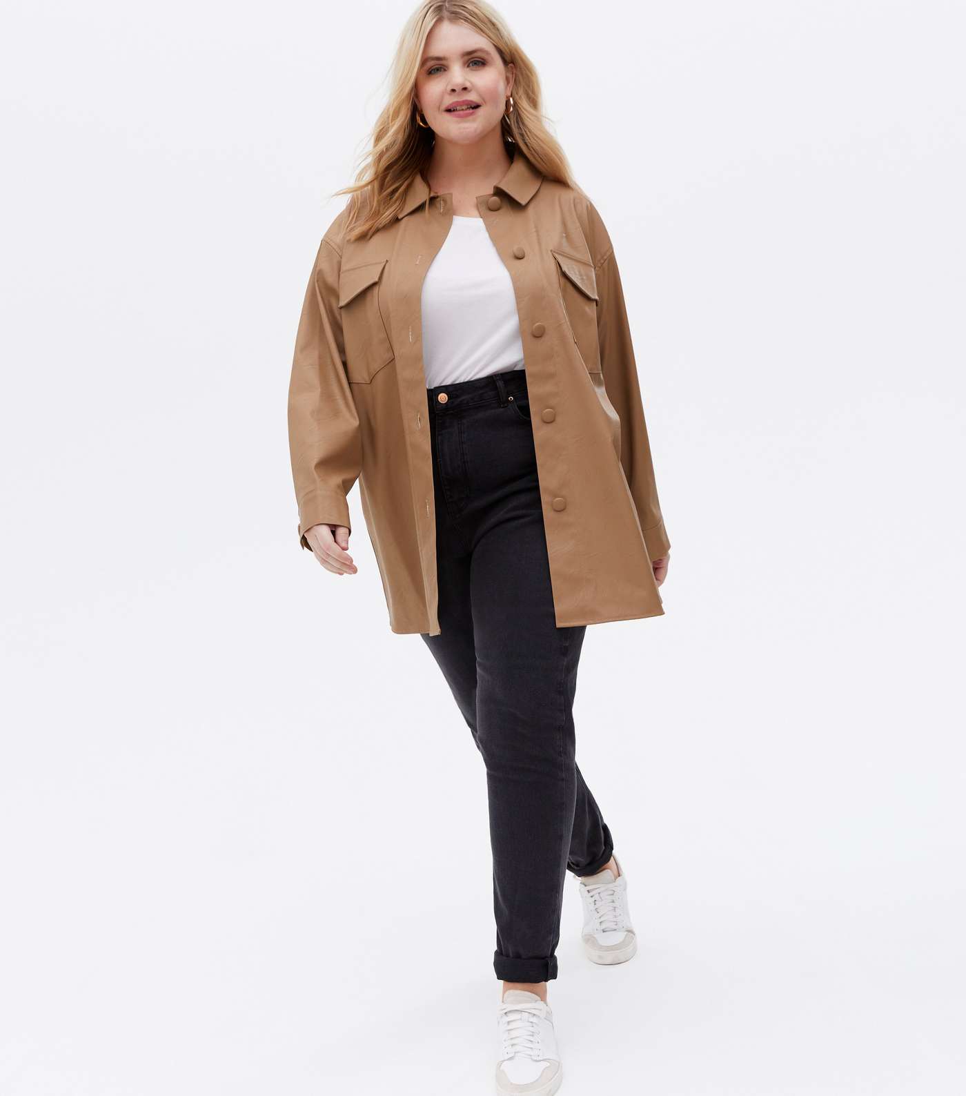 Curves Camel Leather-Look Double Pocket Shacket Image 2