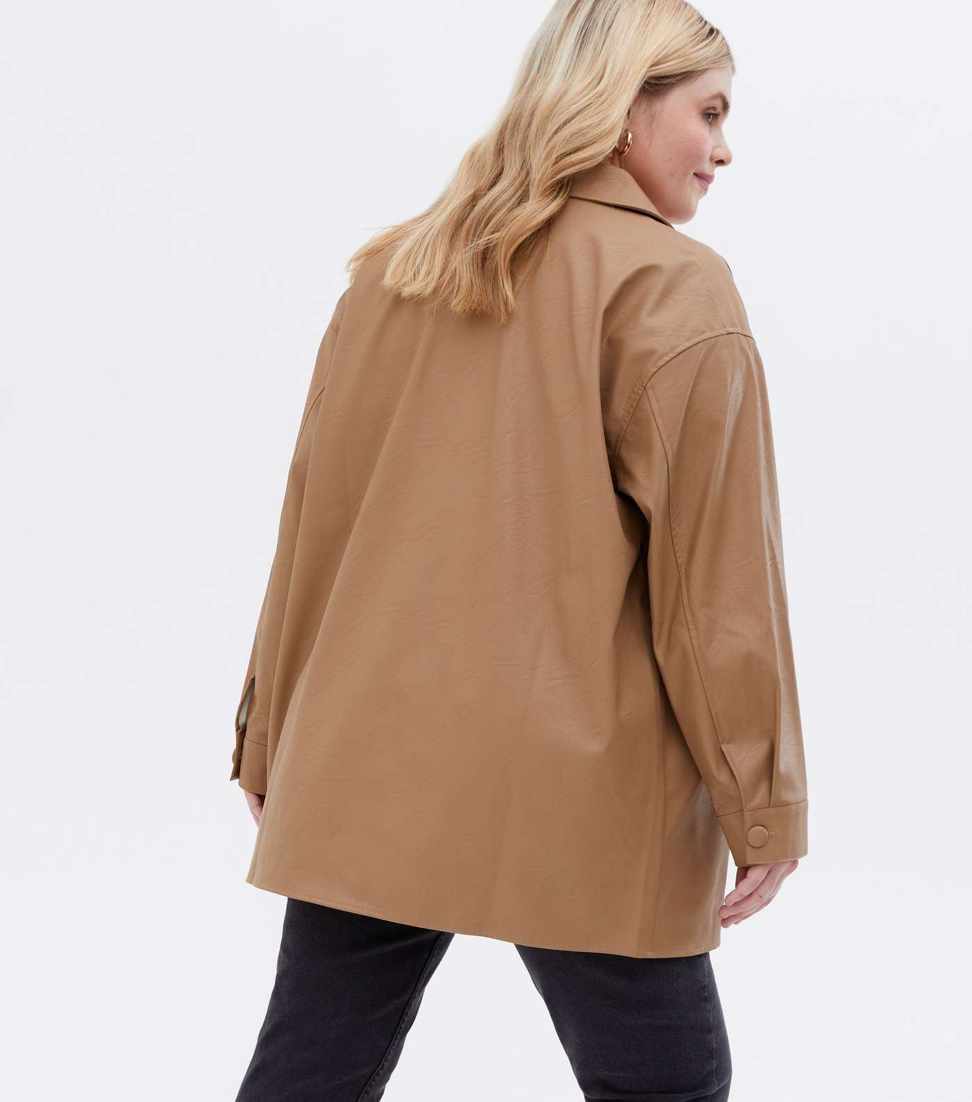 Curves Camel Leather-Look Double Pocket Shacket Image 4
