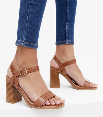 Wide Fit Tan Faux Croc Block Heel 