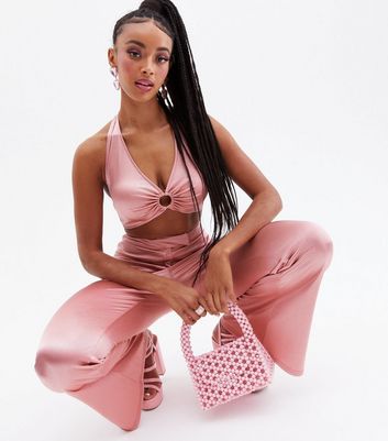 Shine Pink Satin Halter Neck Crop Top 