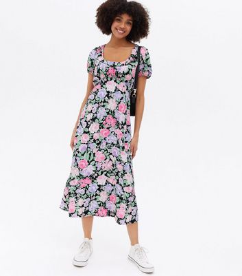 New Look Women's Black Floral Scoop Neck Puff Sleeve Midi Dress - UK 8