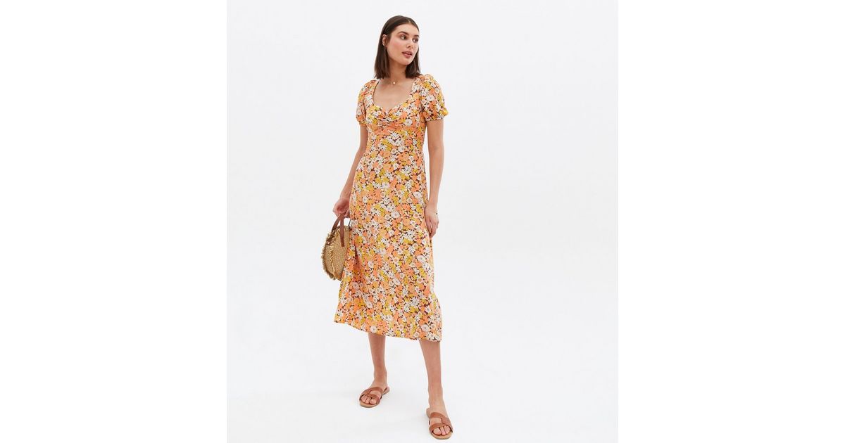 Orange Floral Ruched Front Midi Dress New Look
