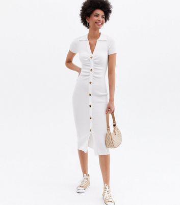 Off White Ruched Button Front Collared Midi Dress