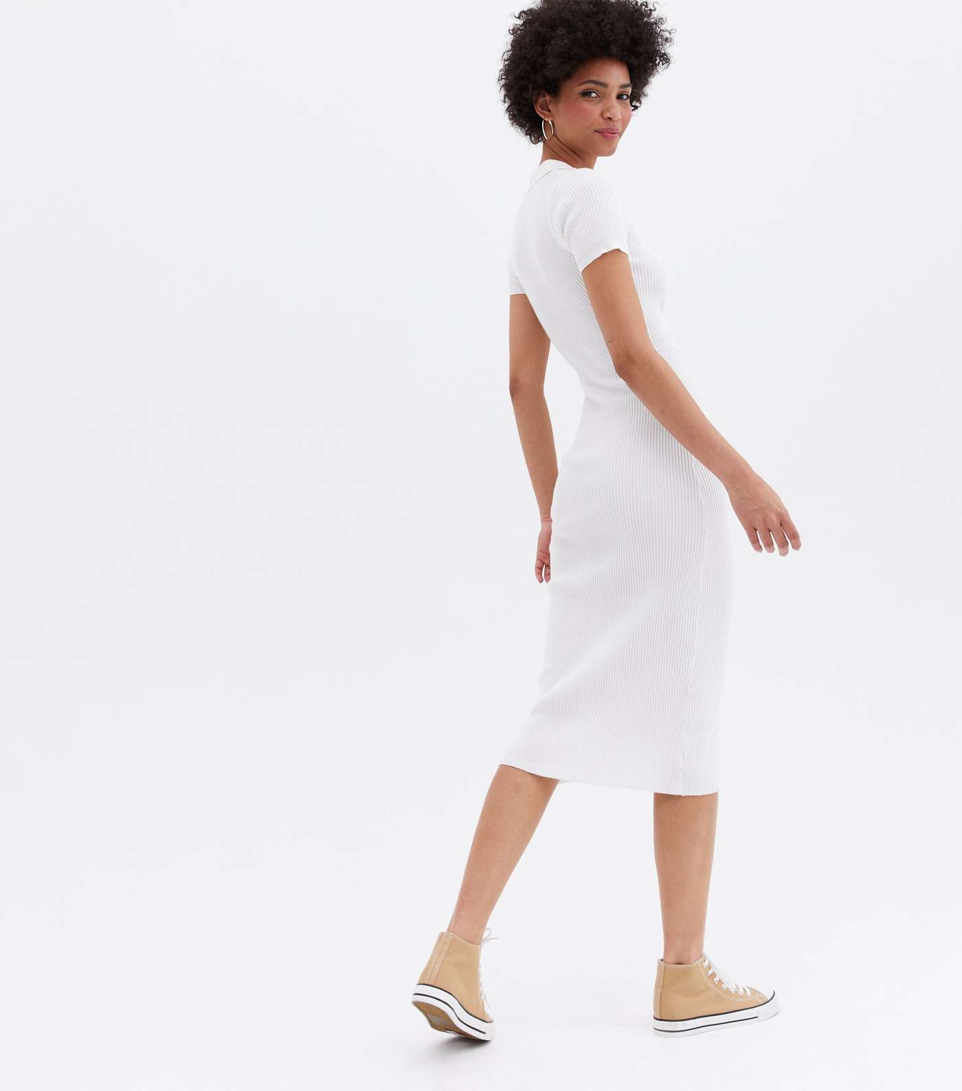 Off White Ruched Button Front Collared Midi Dress Image 4