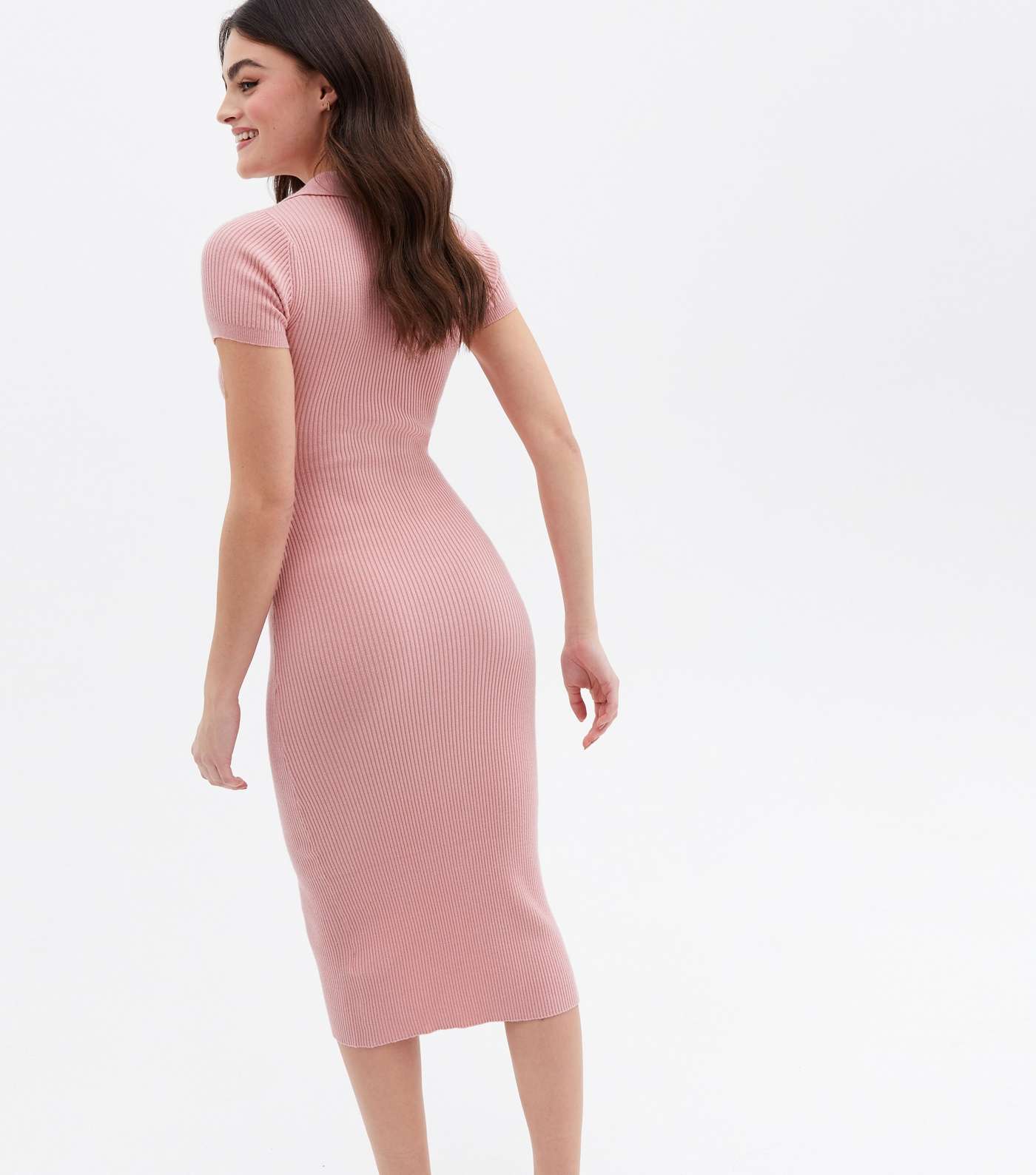 Pink Knit Ruched Button Front Collared Midi Dress Image 4