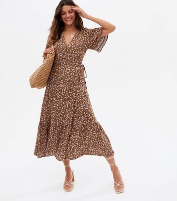 Brown Floral Tiered Midi Wrap Dress 