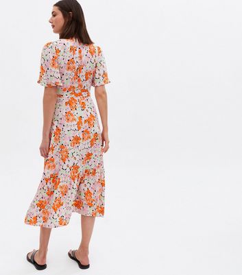 Orange Floral Tiered Midi Wrap Dress New Look