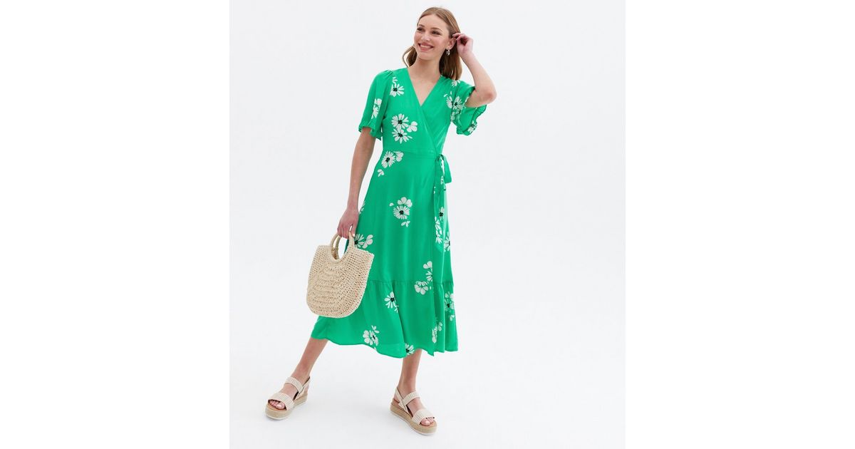 Green Floral Midi Wrap Dress | New Look