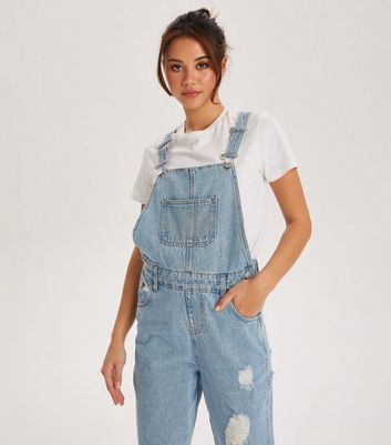 Urban Bliss Pale Blue Denim Frayed Long Dungarees New Look