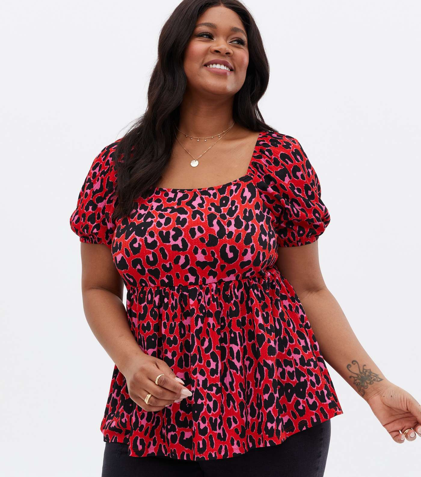 Curves Red Leopard Print Crinkle Jersey Peplum Top