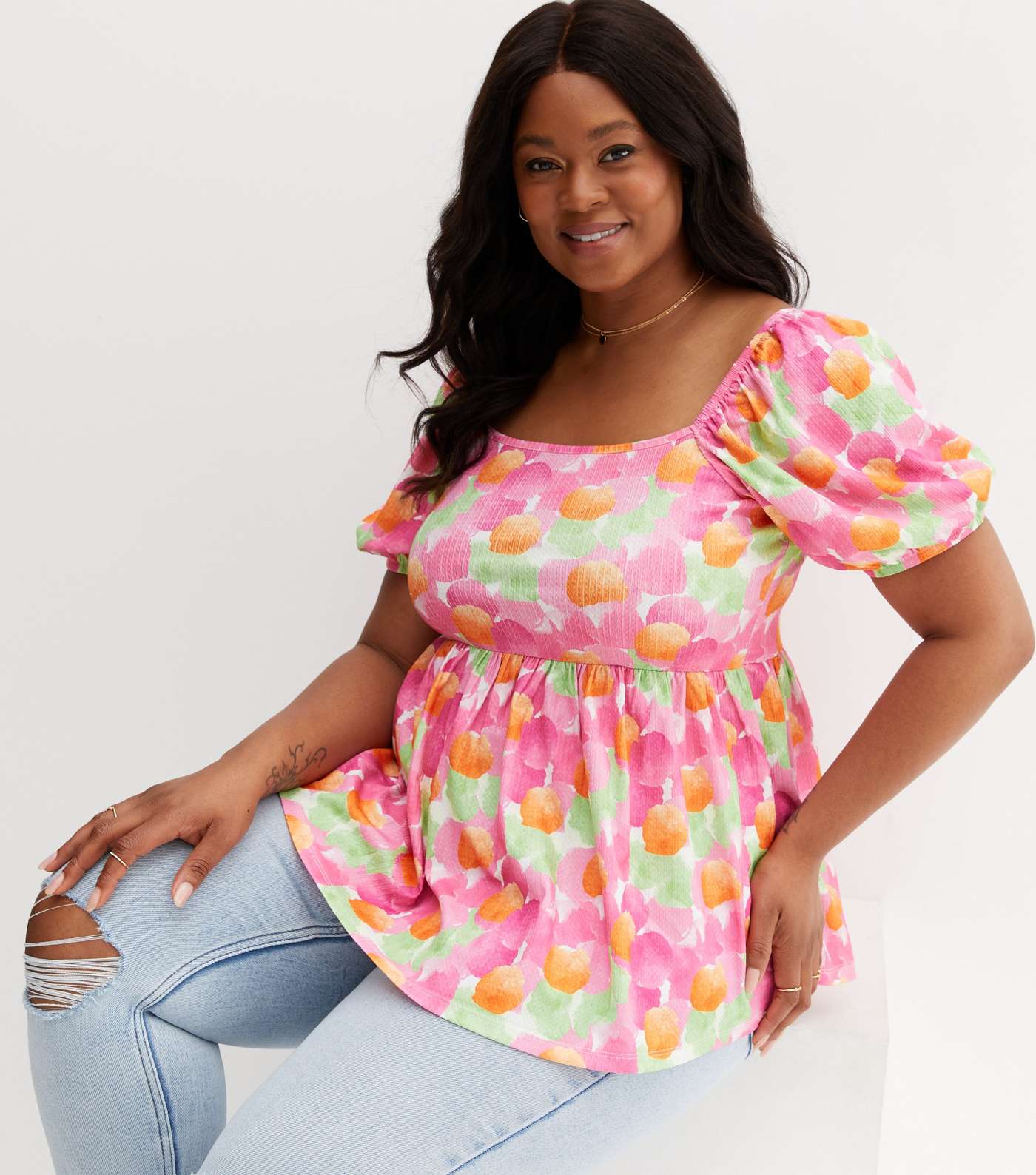 Curves Pink Floral Crinkle Jersey Peplum Top