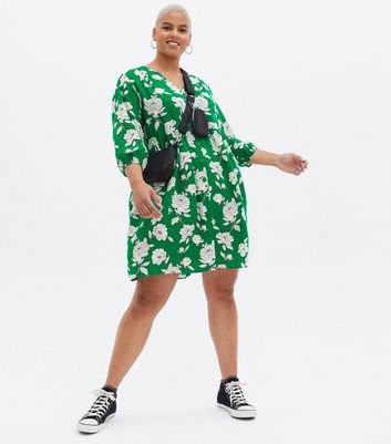 Damen Bekleidung Curves Green Floral Mini Smock Dress Damen Bekleidung Curves Green Floral Mini Smock Dress