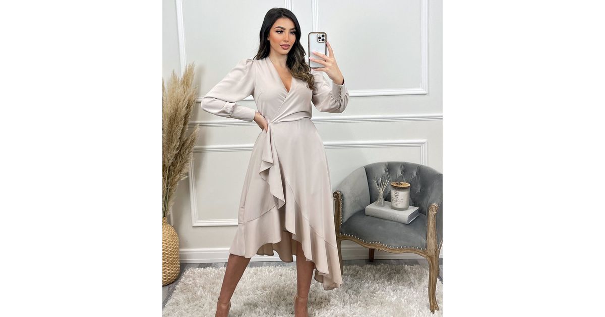 Ax Paris Stone Long Sleeve Ruffle Midi Wrap Dress New Look