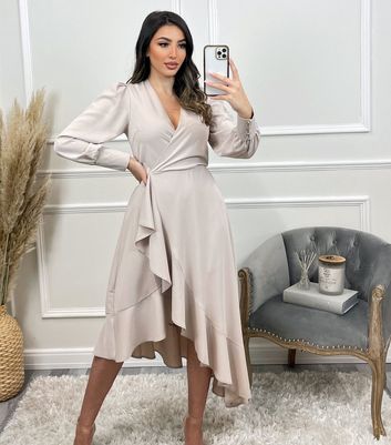 AX Paris Stone Long Sleeve Ruffle Midi 