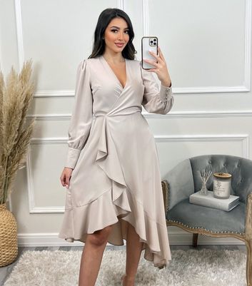 Ax Paris Stone Long Sleeve Ruffle Midi Wrap Dress New Look