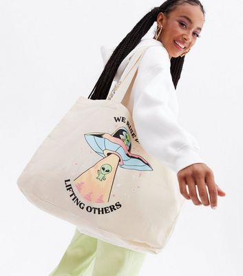 shop for Take a Trip Cream Spaceship Logo Tote Bag New Look at Shopo