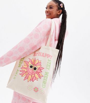 shop for Stay Weird Cream Sunflower Logo Tote Bag New Look at Shopo