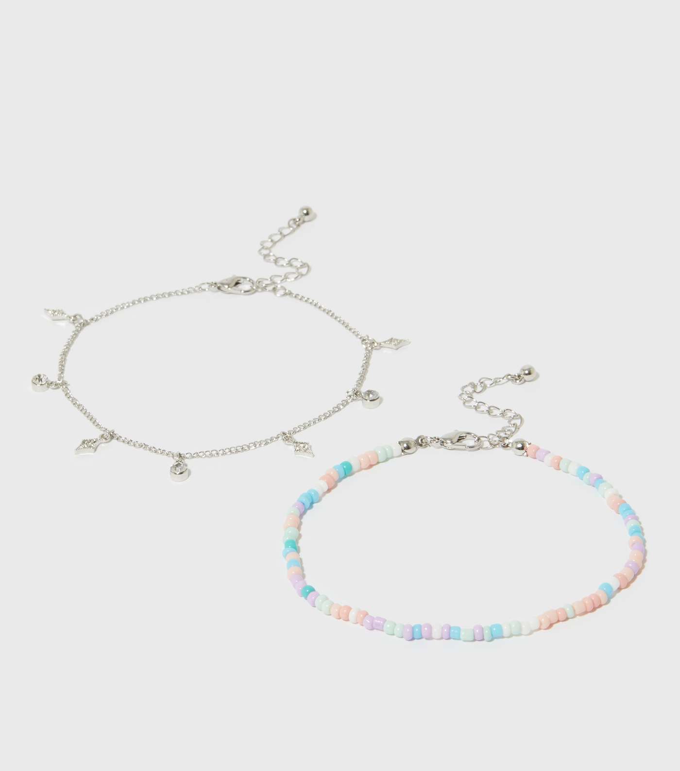 2 Pack Silver Beaded Charm Anklets