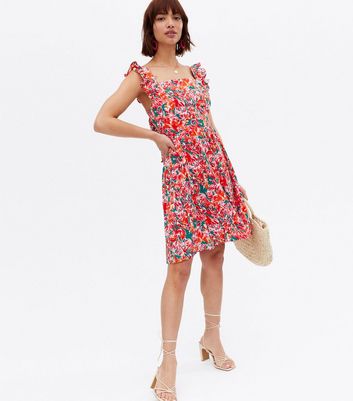 Click to view product details and reviews for Blue Vanilla Red Floral Frill Tie Back Mini Dress New Look.