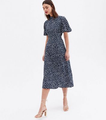 Blue Vanilla Navy Abstract Spot Flutter Sleeve Midi Dress New Look