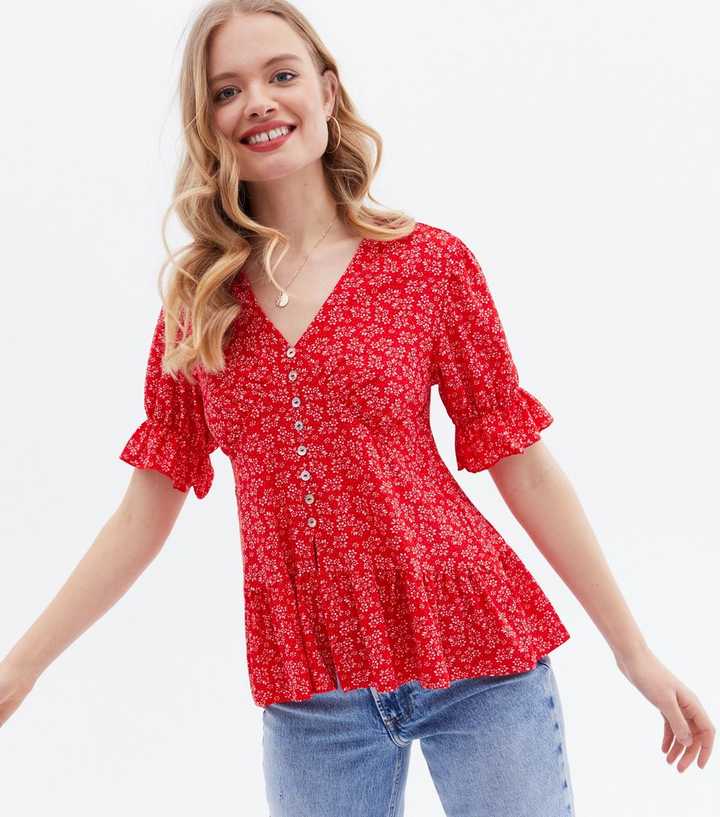 Blue Vanilla Red Floral Frill Button Front Top