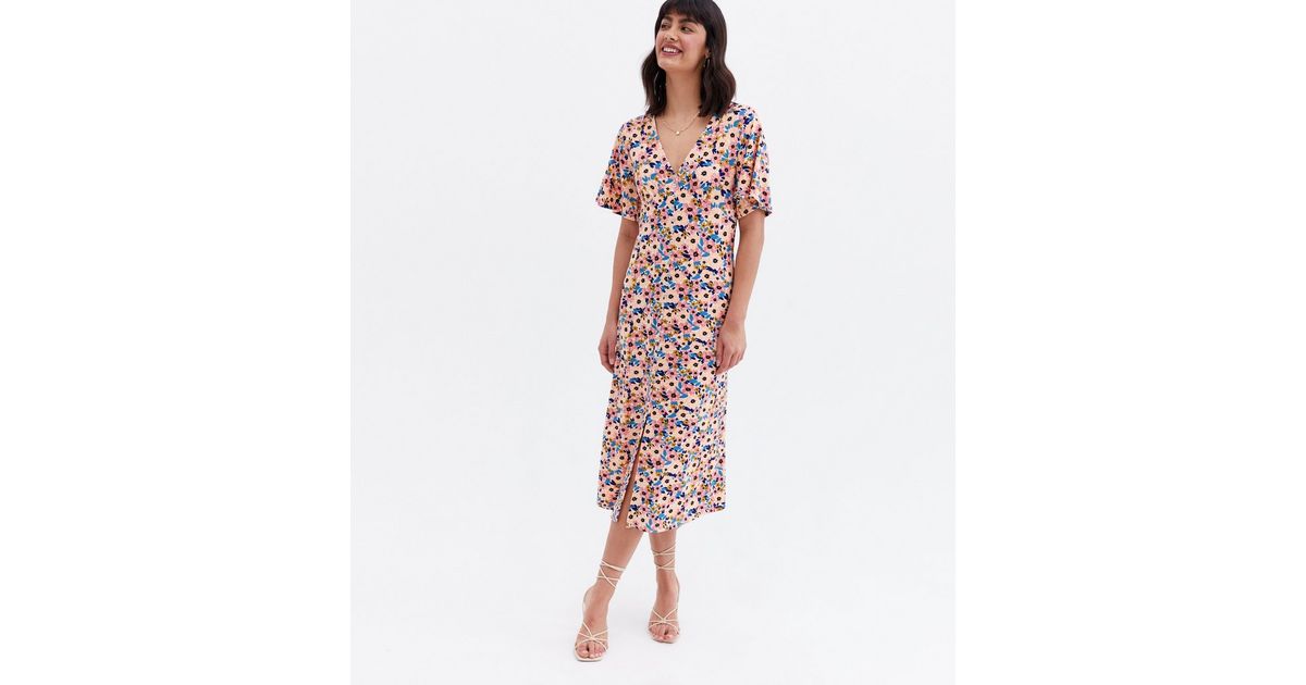 Blue Vanilla Pink Floral Flutter Sleeve Midi Dress | New Look