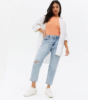 petite bleach stone rip mom tapered jeans