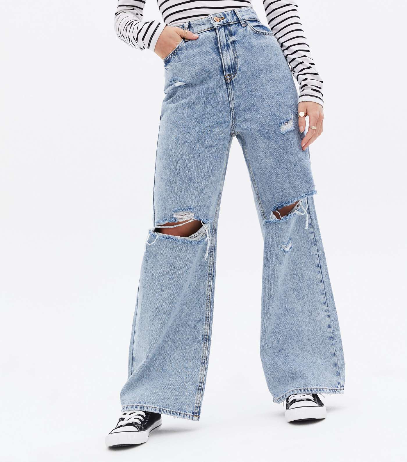 Petite Pale Blue Ripped High Waist Wide Leg Dad Jeans Image 2